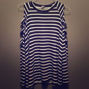Navy and White Striped Shirt With Cold Shoulders